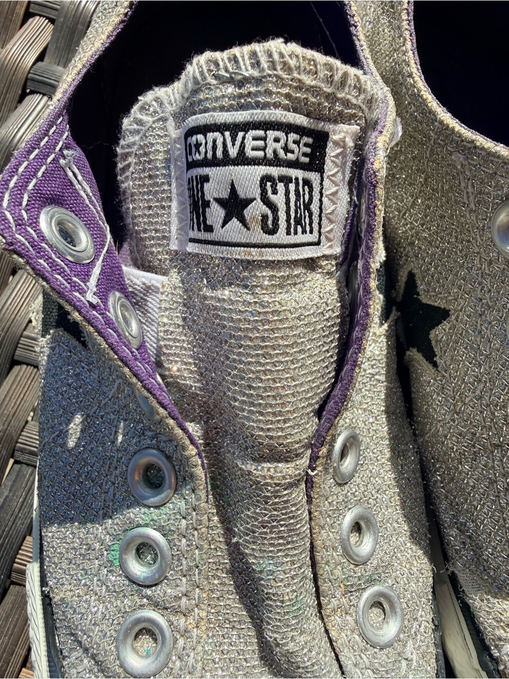 Converse One Star Women's Slip-On Sneakers in Metallic Silver with Purple Trim 7